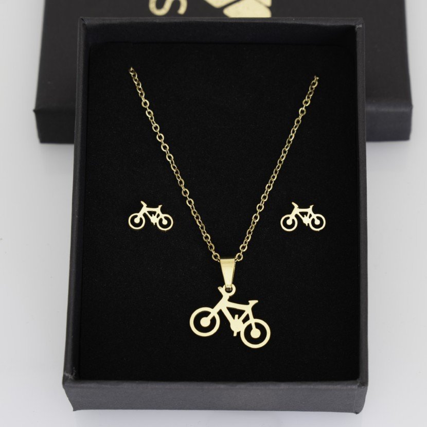 złoty Zestaw naszyjnik i kolczyki rower złota komplet Stal pozłacana 585