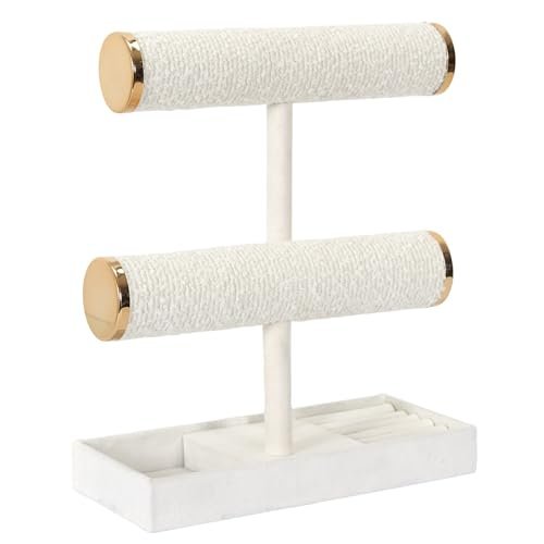 HOME DECO FACTORY, HD0572, Elegancki stojak na biżuterię z podwójną pętelką, praktyczne miejsce do przechowywania naszyjników i bransoletek, nowoczesny design, 24x27,5x10 cm, kość słoniowa