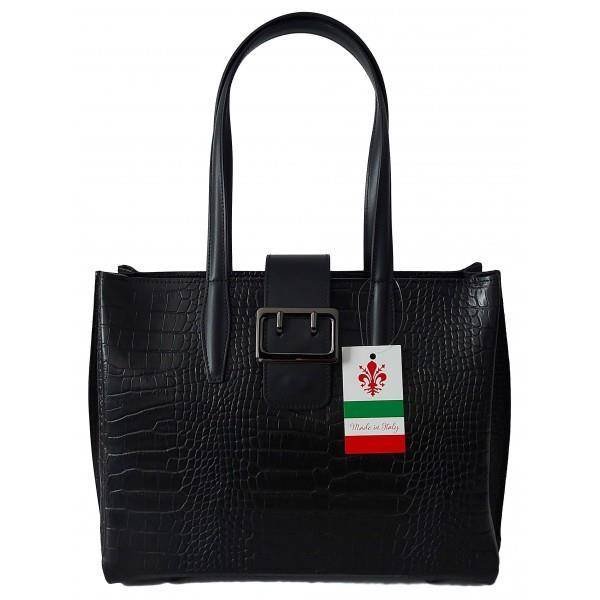 Duża włoska torba ,kuferek A4 skóra motyw krokodyla Vera Pelle , Czarna VP645N