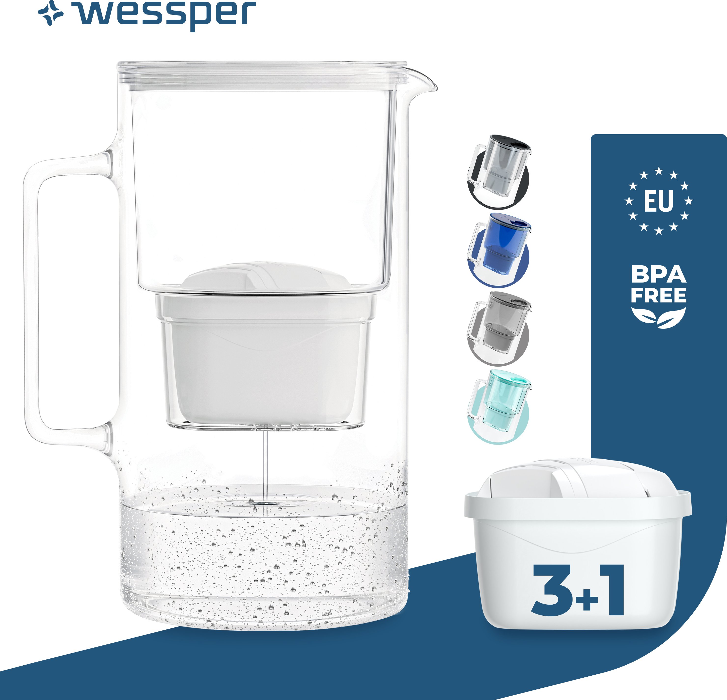 Wessper szklany dzbanek filtrujący do wody 3,L Kompatybilny z wkładami filtrującymi Brita, w tym 4 wkłady filtrujące, biały