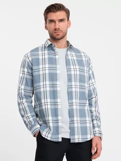 Koszule męskie - Klasyczna flanelowa męska koszula bawełniana w kratę - niebiesko-kremowa V2 OM-SHCS-0157 - grafika 1