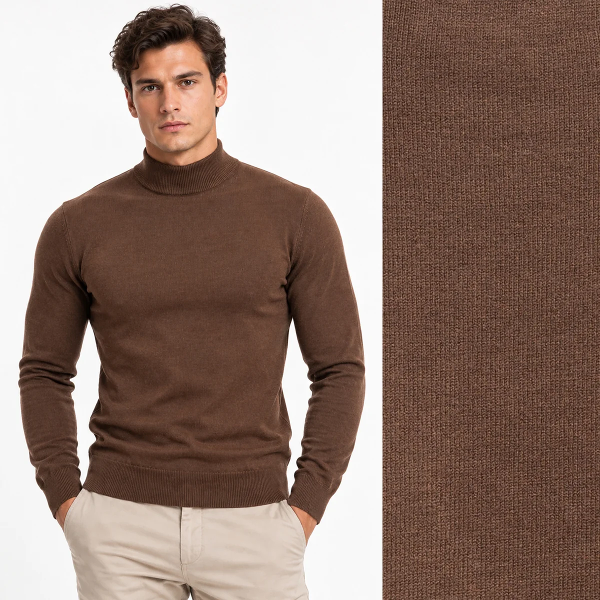 Półgolf męski Slim Fit mocno dopasowany z grubszej dzianiny brązowy Czekolada LD-69076-16-D.K BROWN M