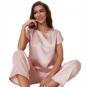 Piżamy damskie - ekskluzywna damska PIŻAMA satynowa KOMPLET top i spodnie lato ROZMIAR S 25 - miniaturka - grafika 1