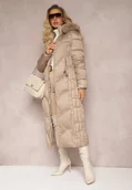 Kurtki damskie - Beżowa Kurtka Płaszcz z Ozdobnym Pikowaniem z Kapturem z Futerkiem i Marszczeniami Larian - miniaturka - grafika 1