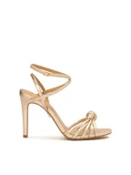 Sandały damskie - Złote sandały na szpilce z cienkimi paseczkami i supełkiem - miniaturka - grafika 1