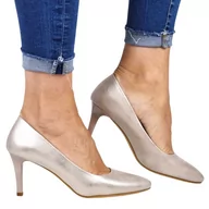 Czółenka - DAMSKIE SZPILKI CZÓŁENKA NA NISKIM OBCASIE SERGIO LEONE 1336 ZŁOTE PRZECIERANE - miniaturka - grafika 1