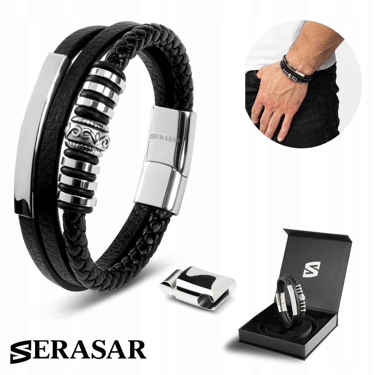 SERASAR męska skórzana bransoletka „Shine”, srebrna, 23 cm - ze stalowym zapięciem magnetycznym - w zestawie pudełko prezentowe - modna opaska na na..