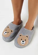 Kapcie damskie - Szare Kapcie z Miękkiego Futerka Ozdobione Misiem Geraja - miniaturka - grafika 1