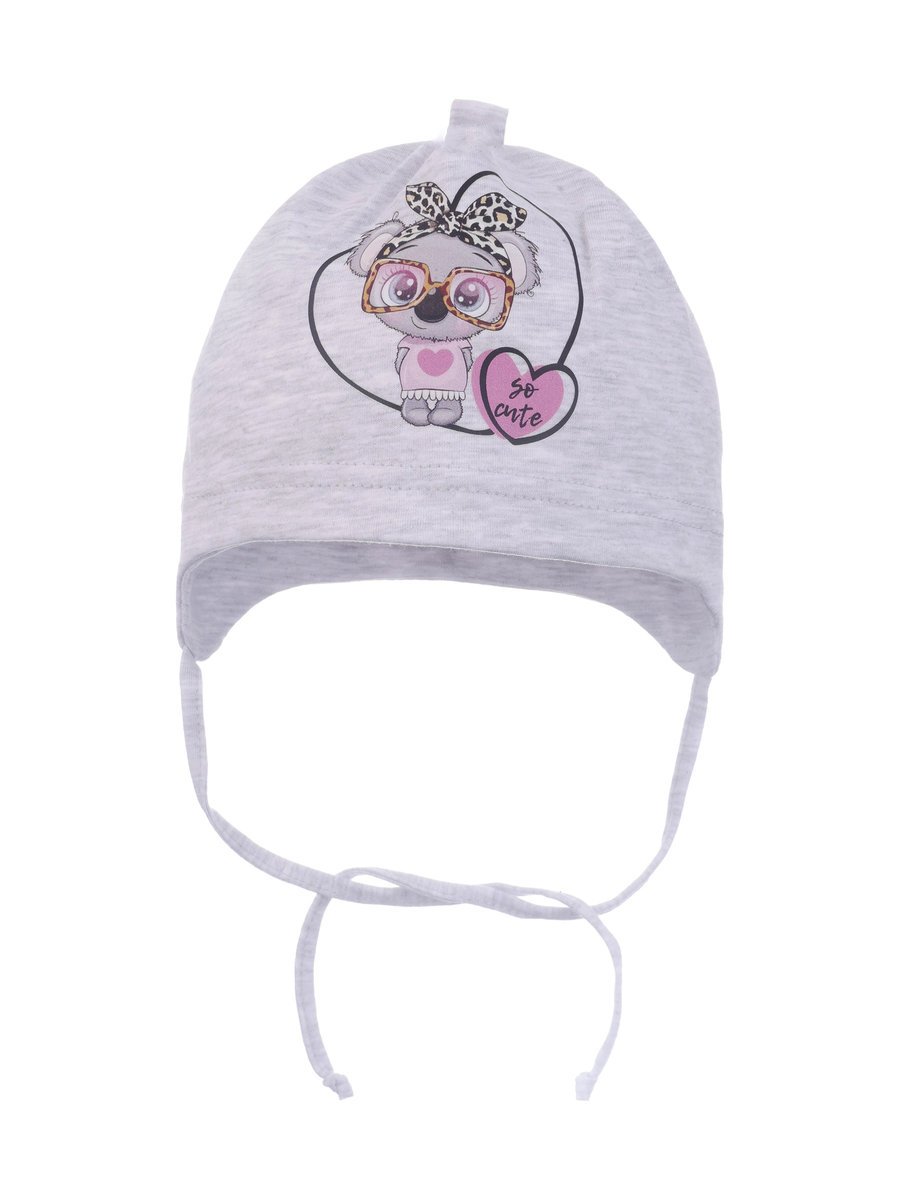 Dziewczęca czapka uszatka miś koala w serduszku jasnoszary Ambra r.44/46