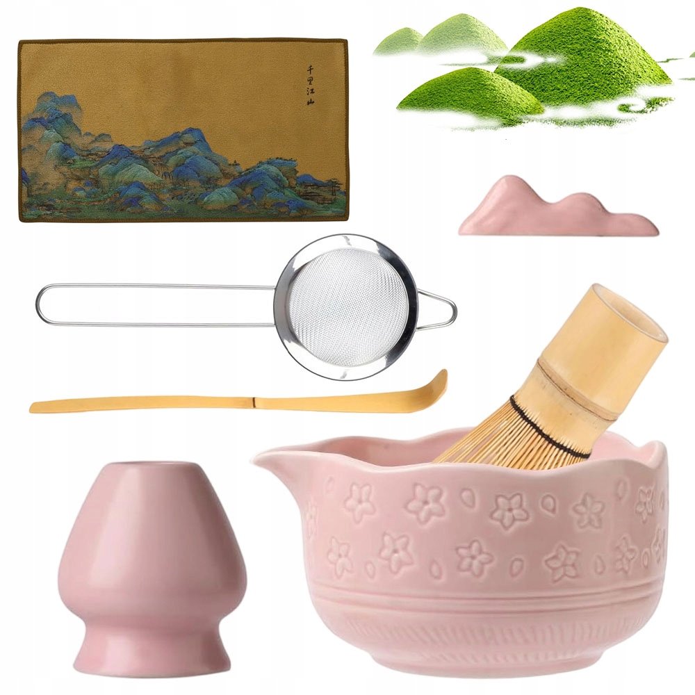 Zestaw Do Herbaty Matcha Prezentowy 7 Szt. Z Podstawkę Ściereczkę Kuchenną