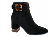 Botki damskie - Czarne botki NESSI 20782 skóra zamszowa słupek modne eleganckie r.37 - miniaturka - grafika 1