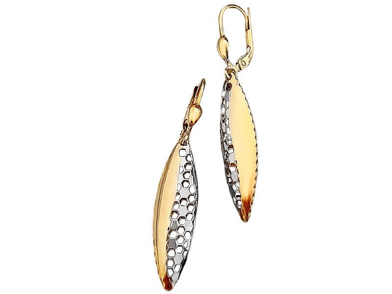 Złote kolczyki 585 wiszące sopelki z białym złotem i ażurowym wzorem