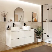 Szafki łazienkowe - Wisząca ryflowana szafka łazienkowa z okrągłą umywalką nablatową - Biały mat - 120 cm - ZEVINI - miniaturka - grafika 1