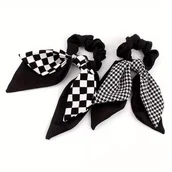 Inne - TEMU 2-pak vintage-stylowe gumki do włosów, czarno-biały wzór w kratę i szachownicę, materiałowe motylkowe kokardy do włosów dla kobiet, wysokie - miniaturka - grafika 1
