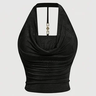 TEMU Elegancki, czarny top z dekoltem na szyi dla kobiet - stylowy, bez pleców, z efektami ruchu, idealny na wiosnę/leto/jesień - Inne - miniaturka - grafika 1