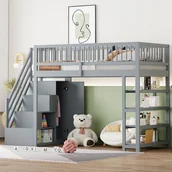 Łóżka dla dzieci i młodzieży - Łóżko piętrowe 90 x 200 cm z szafą i półkami - Sosna + sklejka + MDF - Szare (bez materaca) - miniaturka - grafika 1