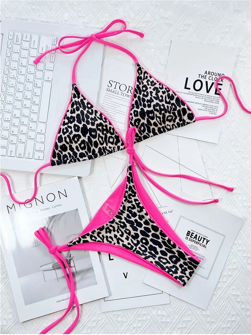 Strój Kąpielowy BIKINI Stringi Neon Wiązane Panterka - M