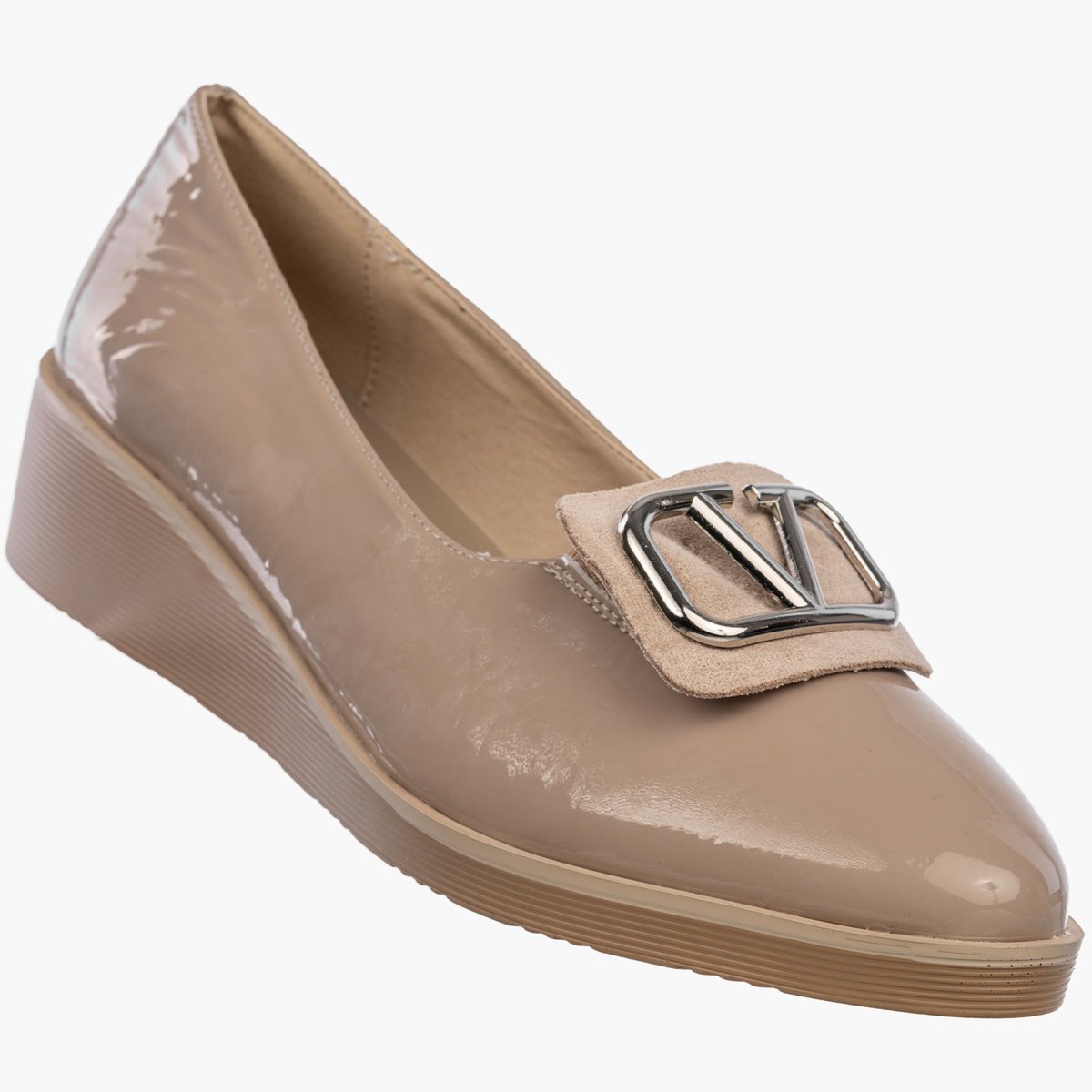 Półbuty Damskie Ekoskóra Lakierowane Buty Na Koturnie Beżowe Beżowy 40