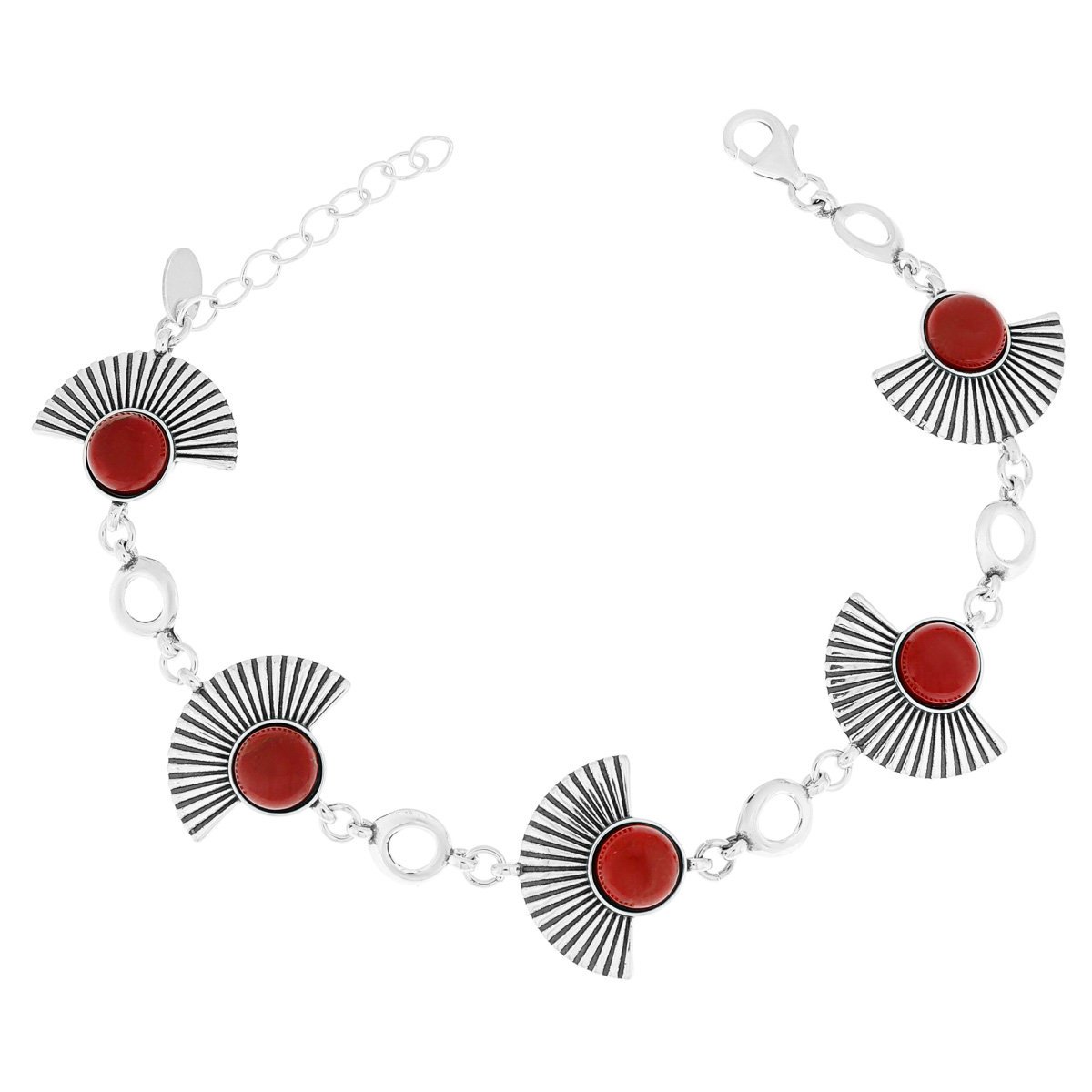 Srebrna bransoletka wachlarze z czerwonymi kamieniami 19-22 cm pr. 925