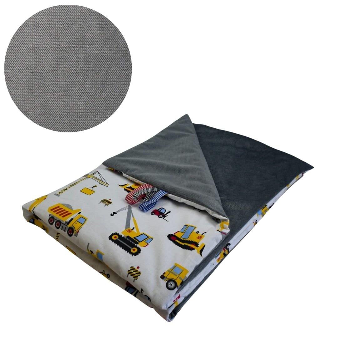 Kocyk Dziecięcy 75x100 Ocieplany Koparki Żółte Na Białym/Grafit Bawełna/Velvet Polski Producent