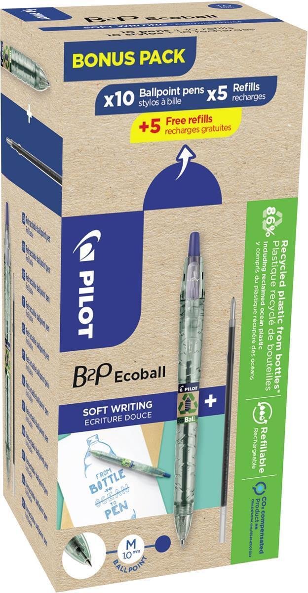 Pilot, Zestaw 10 sztuk długopisów i 10 sztuk wkładów B2P Ecoball Begreen, 1.0, niebieski, blister