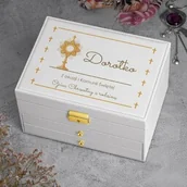 Pamiątka Pierwszej Komunii Świętej - Szkatułka na biżuterię biała z nadrukiem dla chrześniaczki na komunię - miniaturka - grafika 1