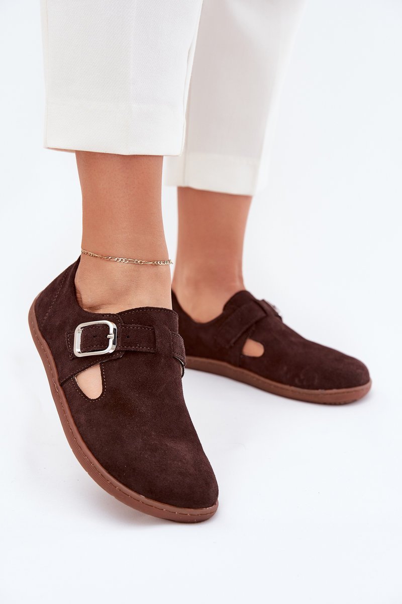 Zamszowe Półbuty Barefoot Damskie Z Klamrą Łaty Zazoo N1261 Czekoladowe-36