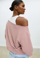 Bluzy damskie - Stradivarius Bluza z nadrukiem i odkrytym ramieniem Pudrowy róż XS - miniaturka - grafika 1