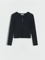 Bluzki dla dziewczynek - Reserved - Koszulka z guzikami przy dekolcie - czarny - miniaturka - grafika 1