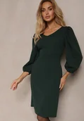 Sukienki - Ciemnozielona Sukienka o Dopasowanym Kroju z Lekko Bufiastymi Rękawami Zinnashira - miniaturka - grafika 1