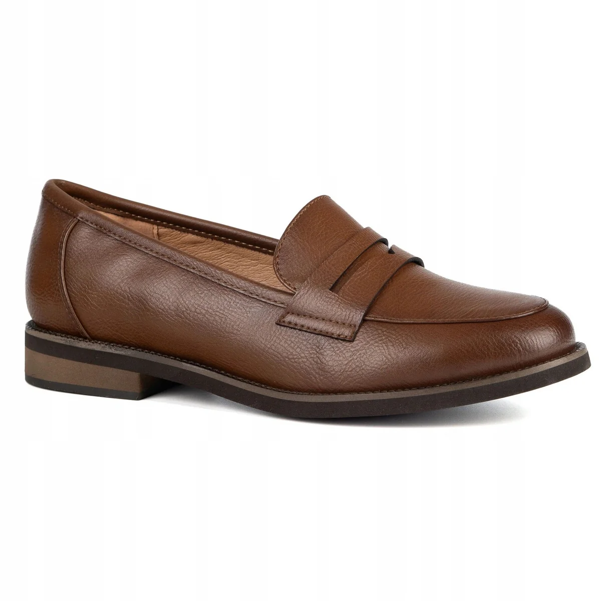 Mokasyny licowe damskie POTOCKI 19380BR brązowe 38 loafers, półbuty wsuwane, skóra ekologiczna, wkładka ze skóry naturalnej, obcas 2,5 cm