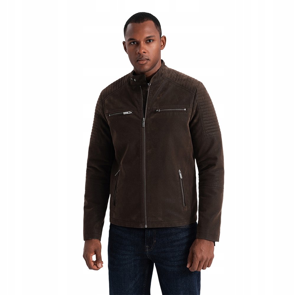 Męska kurtka biker w stylu retro ze stójką brązowa V1 OM-JAFL-0197 L