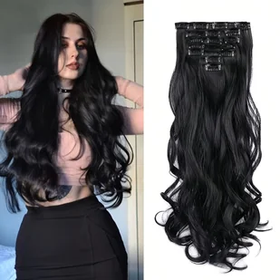 TEMU 7-częściowy zestaw syntetycznych włosów typu clip-on z falą średniej długości, Peruki damskie - Pozostałe akcesoria fryzjerskie - miniaturka - grafika 1