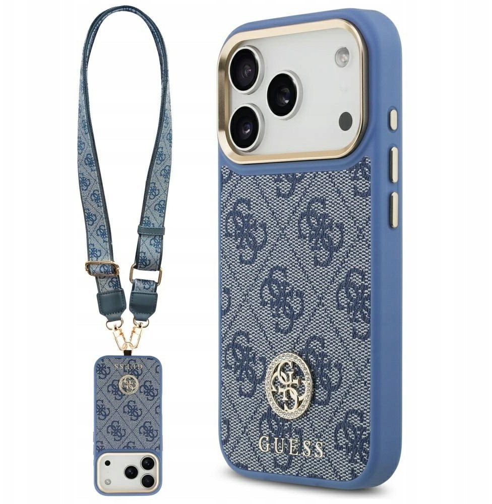 Etui Guess 4G Strass Logo & Big Strap Metal Buttons MagSafe do iPhone 17 Pro niebieski