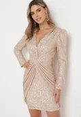 Sukienki - Szampańska Cekinowa Sukienka Mini z Głębokim Dekoltem z Gumką w Talii i Drapowaniem Sovrana - miniaturka - grafika 1