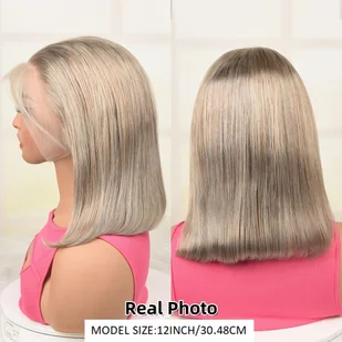 TEMU Blond Szara Bob Peruka z Przedłużeniem 13x4 HD Prosta Ash 14A Klasa Oddychająca Linia Włosów Naturalny Wygląd Brazylska Party Wakacje Cosplay - Pozostałe akcesoria fryzjerskie - miniaturka - grafika 1