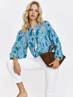 Bluzki damskie - Bluzka w stylu boho z orientalnym printem w kolorze niebieskim - miniaturka - grafika 1