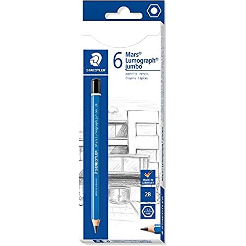 STAEDTLER 100J-2B Jumbo ołówki Mars Lumograph jumbo, sześciokątne, wysoka odporność na pękanie, wysoka jakość, wyprodukowano w Niemczech, stopień twardości 2B, 6 ołówków w kartonowym pudełku