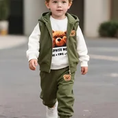 Dresy i komplety dla chłopców - TEMU Chłopięcy zestaw 3-częściowy zimowy dres z ozdobą misia i napisem „ ” – kurtka z kapturem, bluza z nadrukiem misia i spodnie dresowe, wygodny - miniaturka - grafika 1