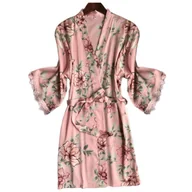 Bielizna nocna - Satynowy szlafrok damski w kwiaty satyna podomka - M - miniaturka - grafika 1