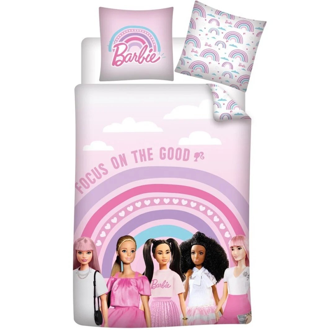 Pościel dziecięca Barbie lalki 140x200 różowa tęcza bawełniana miękka