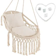 Fotele ogrodowe wiszące - Krzesło Hamakowe Wiszące z Mechanizmem Bujanym, Makrama, Nośność 150 kg, z Bawełnianego Sznurka, z Miękkimi Poduszkami i Zestawem Mocującym, Beżowy - miniaturka - grafika 1