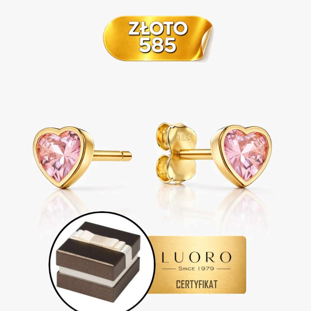 KOLCZYKI ZŁOTE 585 14K SERCA Z RÓŻOWYM KAMIENIEM 5 MM SZTYFT PREZENT