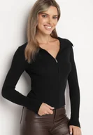 Swetry damskie - Czarny Dopasowany Kardigan w Prążki Zapinany na Suwak z Szerokim Kołnierzem Zinleina - miniaturka - grafika 1