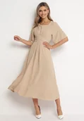 Sukienki - Ciemnobeżowa Sukienka Maxi z Ozdobnym Wiązaniem i Gumką w Talii Myrcella - miniaturka - grafika 1