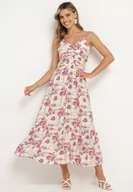 Sukienki - Jasnofioletowa Sukienka w Kwiaty na Regulowanych Ramiączkach z Rozcięciami i Ozdobnymi Guzikami Dimllie - miniaturka - grafika 1