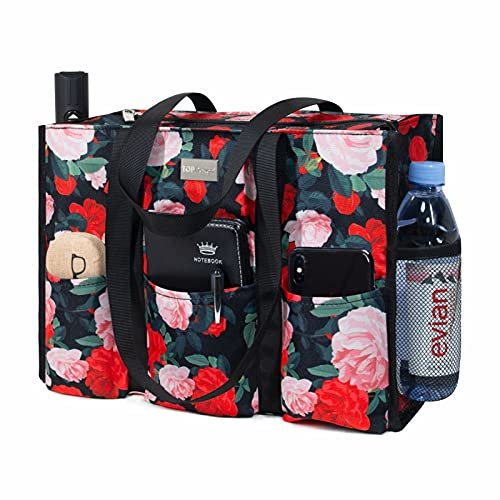 TOPDesign Wodoodporna, użytkowa torba na ramię z 13 kieszeniami zewnętrznymi i wewnętrznymi, górnym zapięciem na zamek błyskawiczny i grubym spodem, dla kobiet pracujących, nauczycieli, pielęgniarek, księgowych (chińska róża)