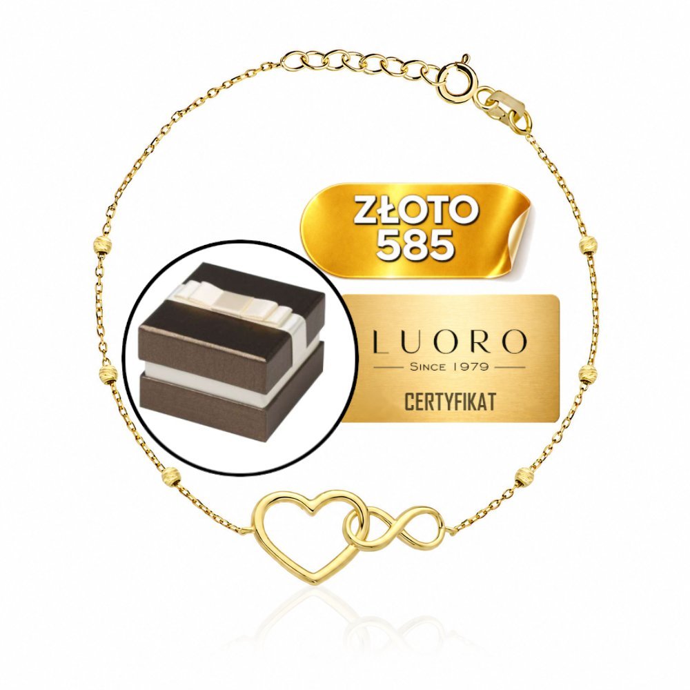 BRANSOLETKA ZŁOTA 585 14K SERCE NIESKOŃCZONOŚĆ KULECZKI 17-19 CM REGULOWANA