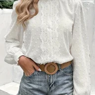 Koszule damskie - TEMU Bluzka z Elegancką Koronkową Kołnierzykiem dla Kobiet - Jednolity Biały , Casualowa Koszula Chic na Wiosnę Jesień, Nieelastyczny Materiał do - miniaturka - grafika 1