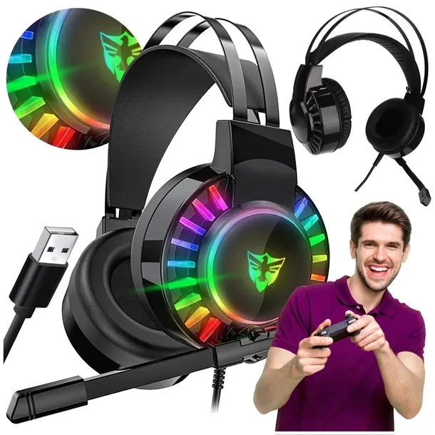 Słuchawki Gamingowe Dla Graczy Przewodowe Z Mikrofonem Led Rgb Pc Nauszne